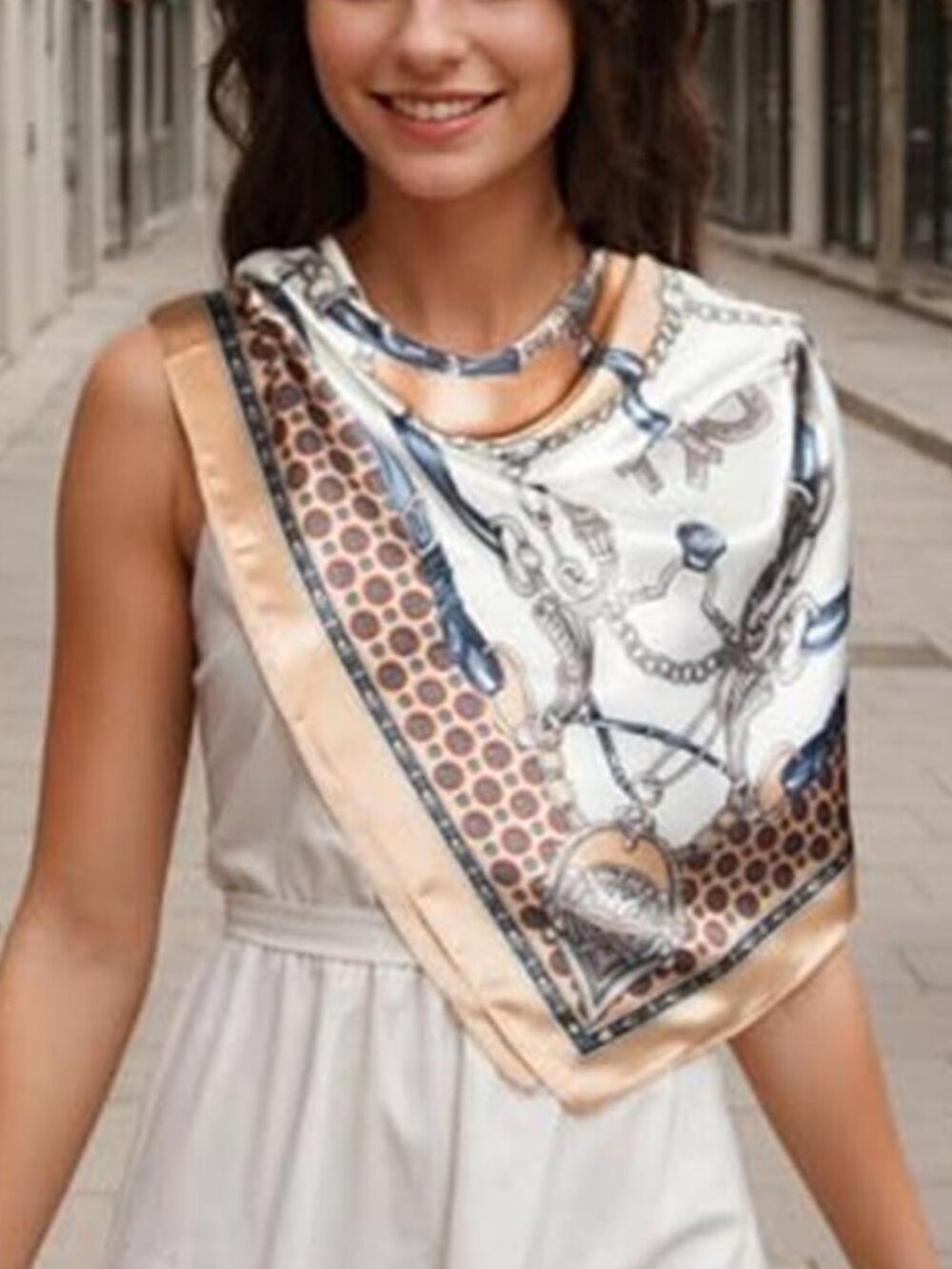 Head Scarf for Women Like Silk Scarf Hair Scarf Beige Blue Printed Square Scarf